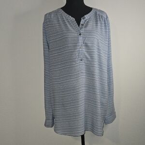 LOFT Light Blue and White Striped Henley Top